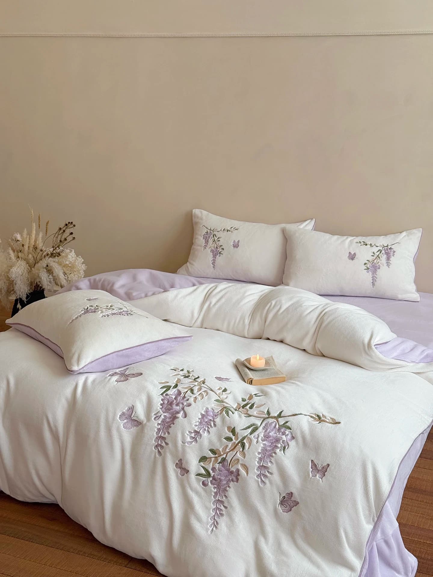 Romantic Purple Milk Velvet Thickened Four-Piece Bedding Set Warm Floral Bed Cover Sheet Winter Bedding Duvet Cover