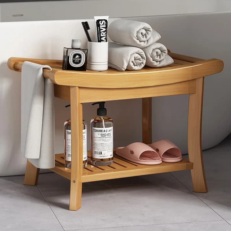 Sgabello da Bagno in Legno Massello Impermeabile e Antiscivolo per Anziani, Resistente alla Muffa, con Poggiapiedi e Panchina per Cambio Scarpe