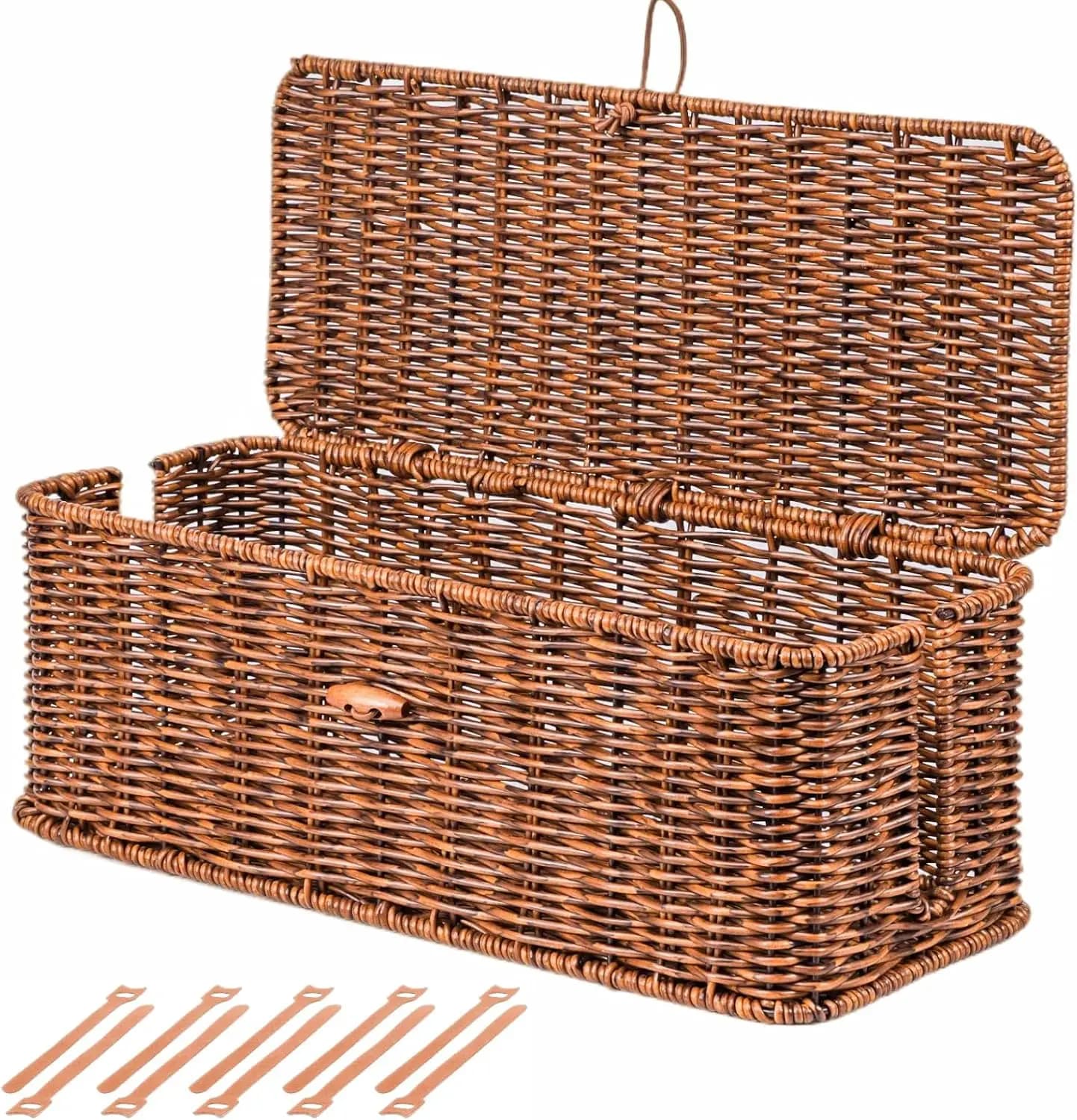Scatola porta cavi in rattan, organizer per cavi da scrivania con coperchio bloccabile e fascette fermacavi