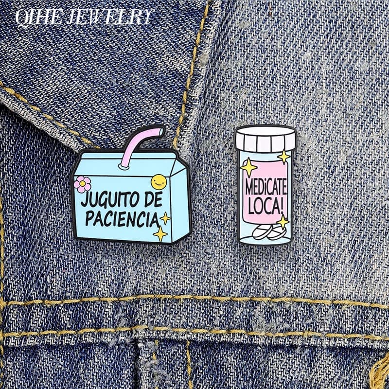 Juguito De Paciencia Blue Juice Box Enamel Pin Humor Spanish Medicate Loca Pink Medicine Bottle Brooch Lapel Badge Jewelry Gifts
