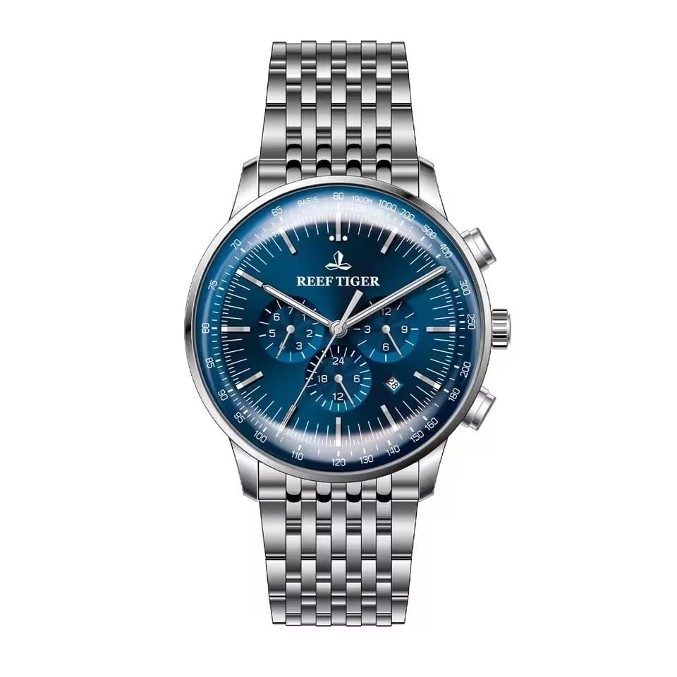 Orologio Automatico da Uomo Reef Tiger 42mm, Orologio da Polso Meccanico con Vetro Zaffiro, Quadrante Multiplo, Mese, Settimana, Data, 24 Ore