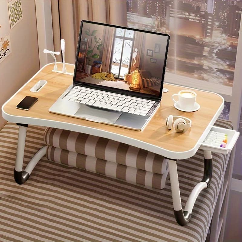Scrivania da letto super portatile per laptop, scrivania pieghevole, scrivania per computer - supporto multifunzionale con portabicchieri e cassetti, USB, ventola