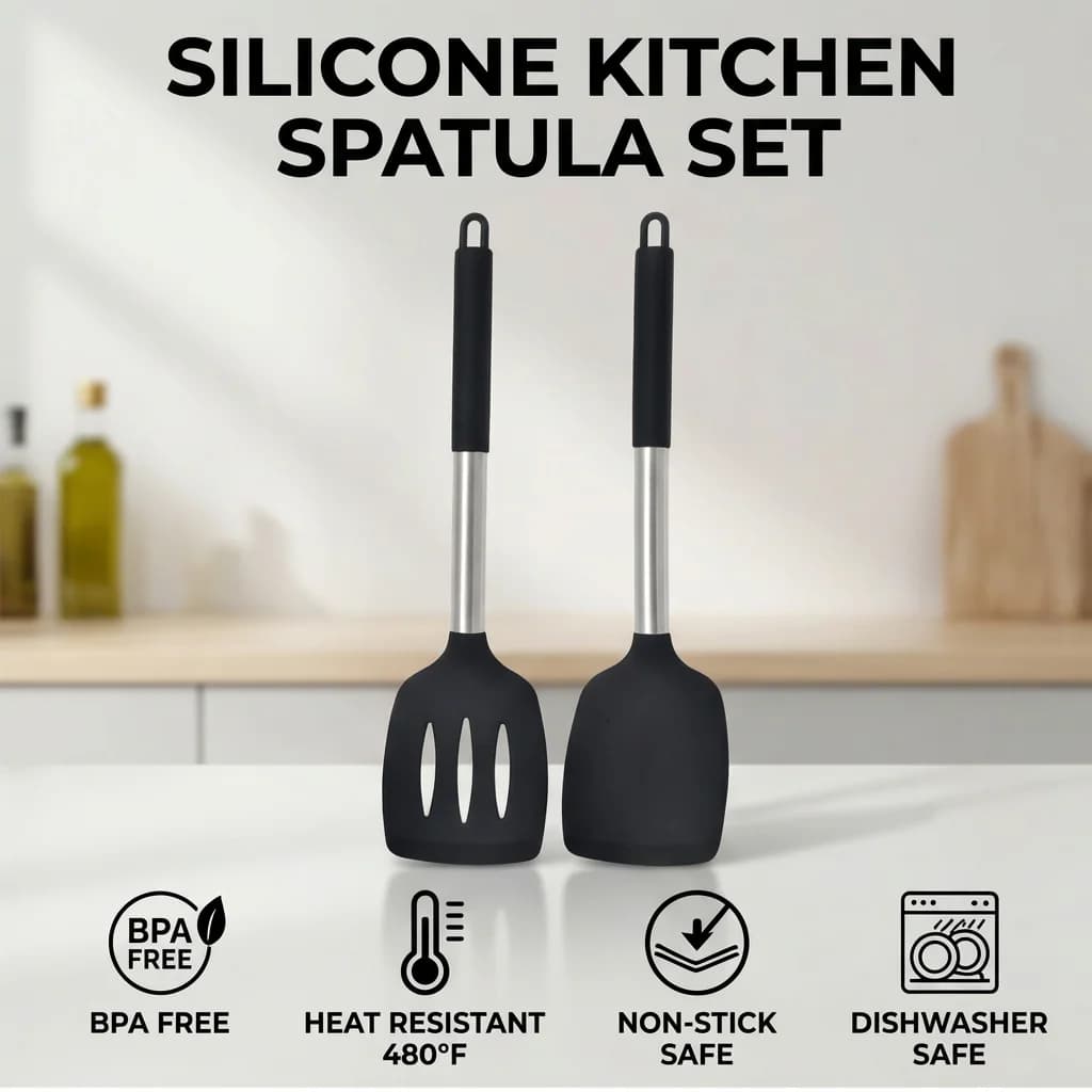 Set di 2 Spatole in Silicone con Manico in Acciaio Inox, Utensili da Cucina Antiaderenti per Friggere Uova e Pesce