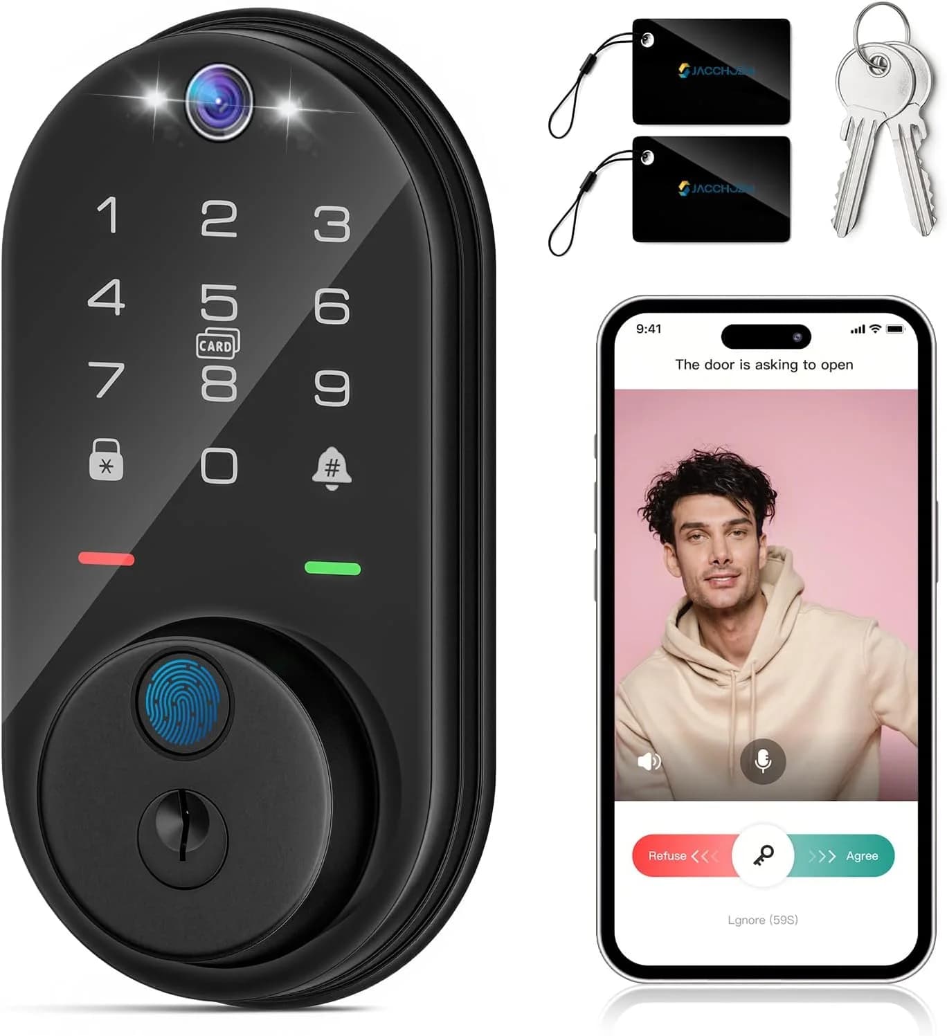 Serratura Intelligente WiFi con Videocamera 4-in-1, Ingresso Senza Chiave con Impronta Digitale, Controllo App, Facile Installazione e Campanello