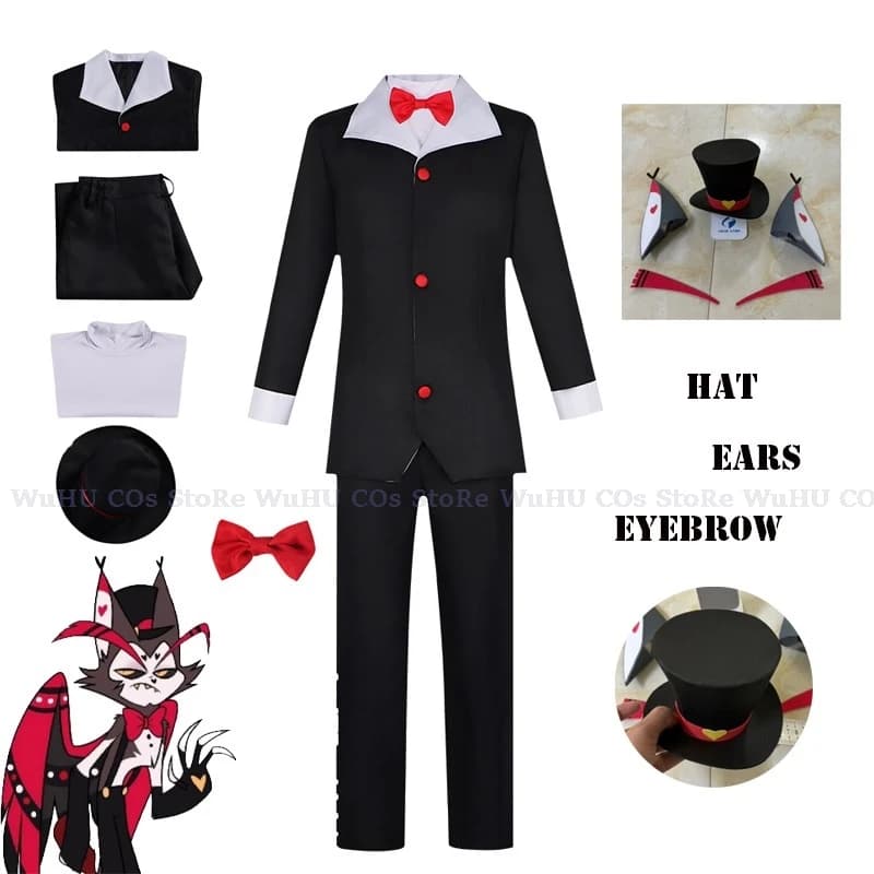 SAIKOU/Buccia Costume Cosplay Uniforme Hazzbin Cosplay Hotel Buccia Costume Cosplay Nero Abiti da festa di Halloween con cappello Orecchie Eyeb
