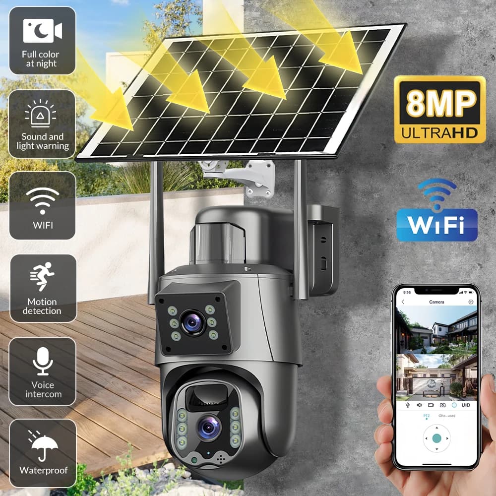 5G/2.4G WiFi Solar Camera Double Lens External 8MP 4K Low Power Battery IP Camera Night vision Security guard