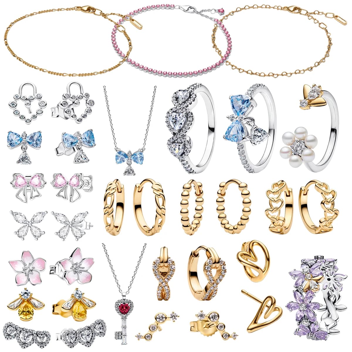 Originale Set di Gioielli in Argento Sterling 925 con Fiocco Romantico, Cuore, Fiore e Perla: Orecchini, Ciondolo, Anello e Collana per Donna