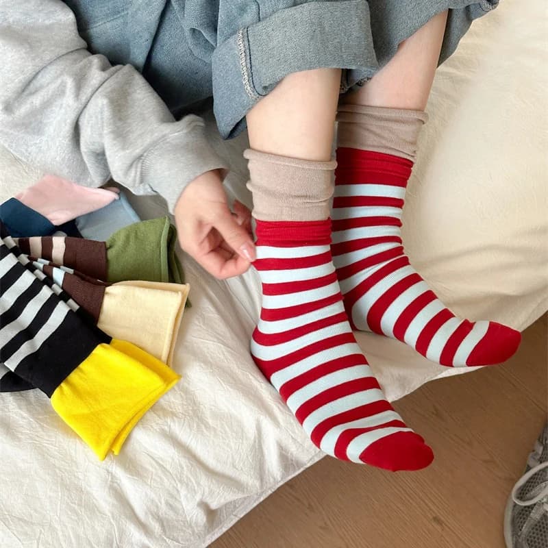 Retro Striped Socks Women Medium Tube Socks Spring And Autumn Cotton Stockings Korean Stockings Japanese Socken