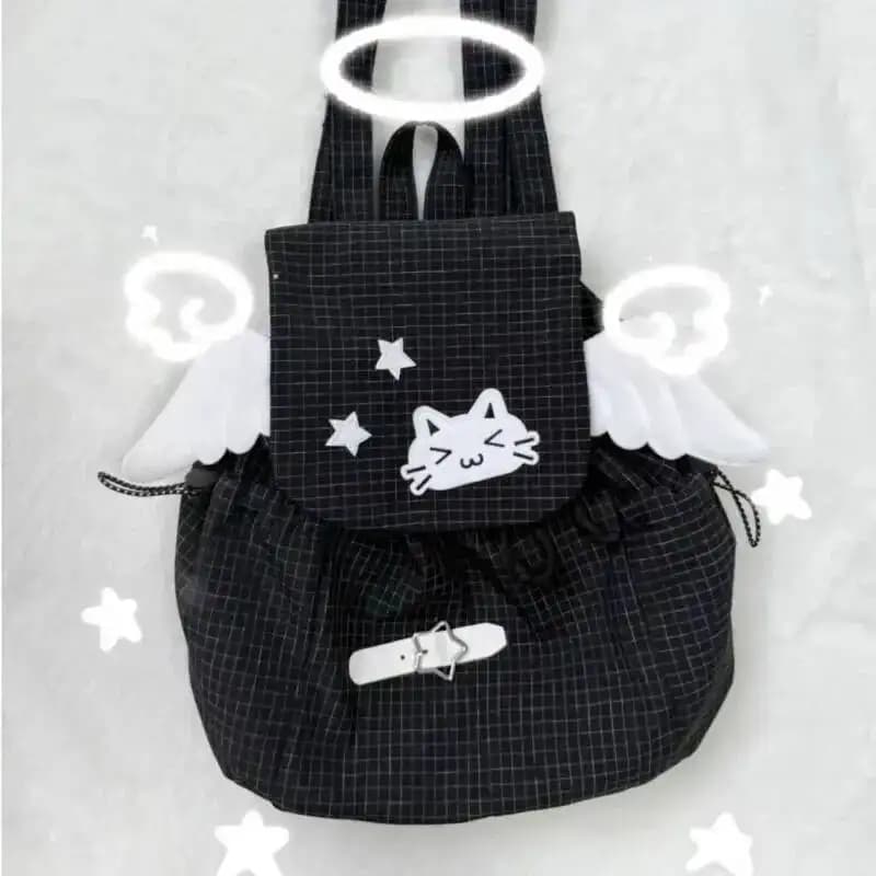 Zaino per gatti ricamato Stile a quadretti bianco nero Leggero Spalle piccole carine Zaino versatile per campus per pendolari per studenti