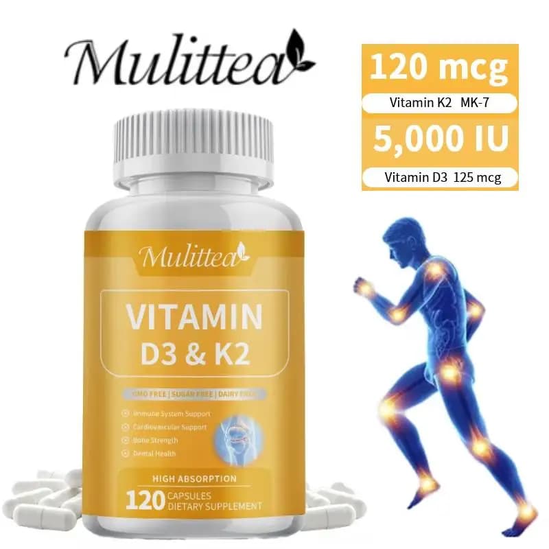 Mulittea vitamin D3+K2 capsules with complex of 5000 UI+120mcg, supplement for joints, bones, teeth and heart, regulates calcium absorption