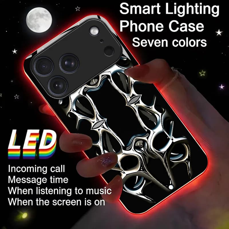 Metal Art Frame Luminous Glass LED Call Light Up Flash Phone Case Cover For iPhone 17 Pro Max 16 Pro Max Air 17E 16E 15 14 13 12 11 Pro XS XR Max Plus 7 8 Plus SE Cover Case