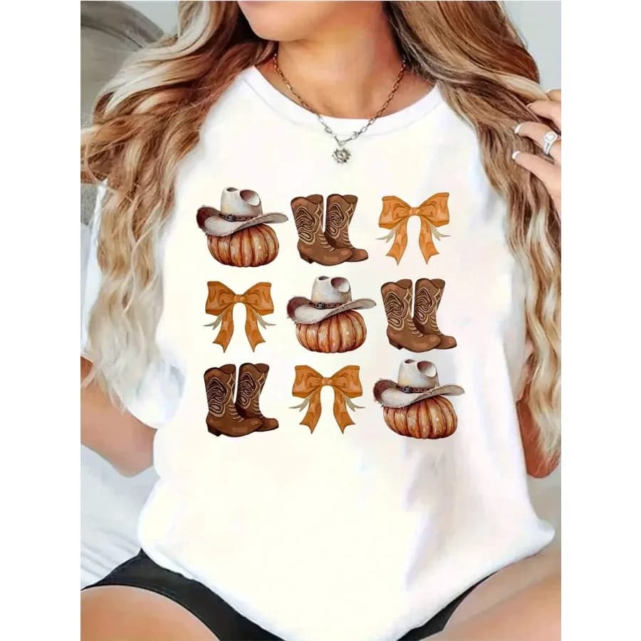 【New Arrival】Western Fall Pumpkin Cowboy Boots and Bows Print White Casual T-Shirt