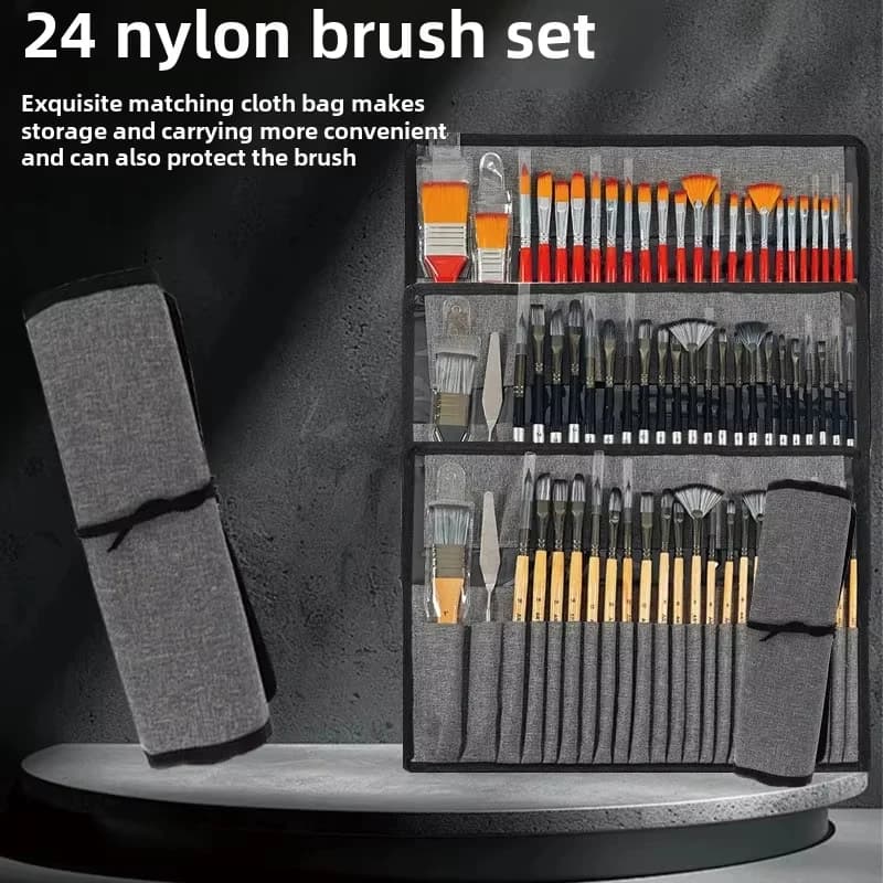 24 piece portable nylon brush set for cross-border use on AliExpress, with oil painting brush, watercolor art brush, and wooden