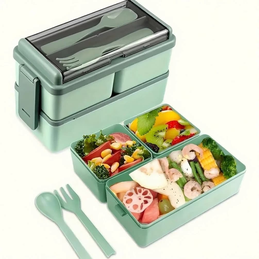 Portapranzo portatile a doppio strato per bambini con forchetta e cucchiaio, contenitori per bento da microonde, set di stoviglie, contenitore per la conservazione degli alimenti
