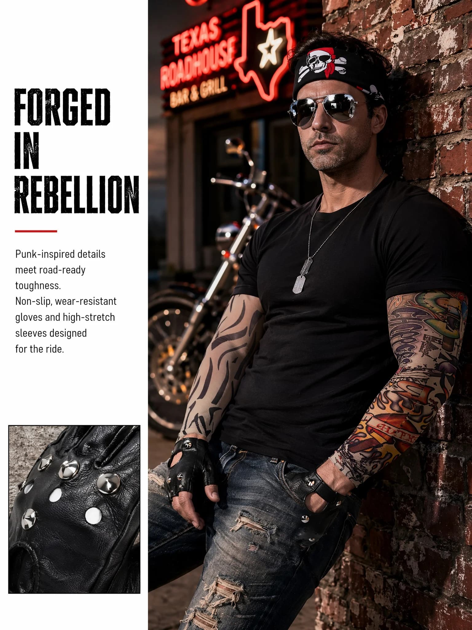 Kit 5 Pezzi Rebel Biker: Bandana Teschio, Occhiali da Sole Aviator, Guanti Borchiati e Manicotti Tattoo - Completo Outlaw per Motociclisti