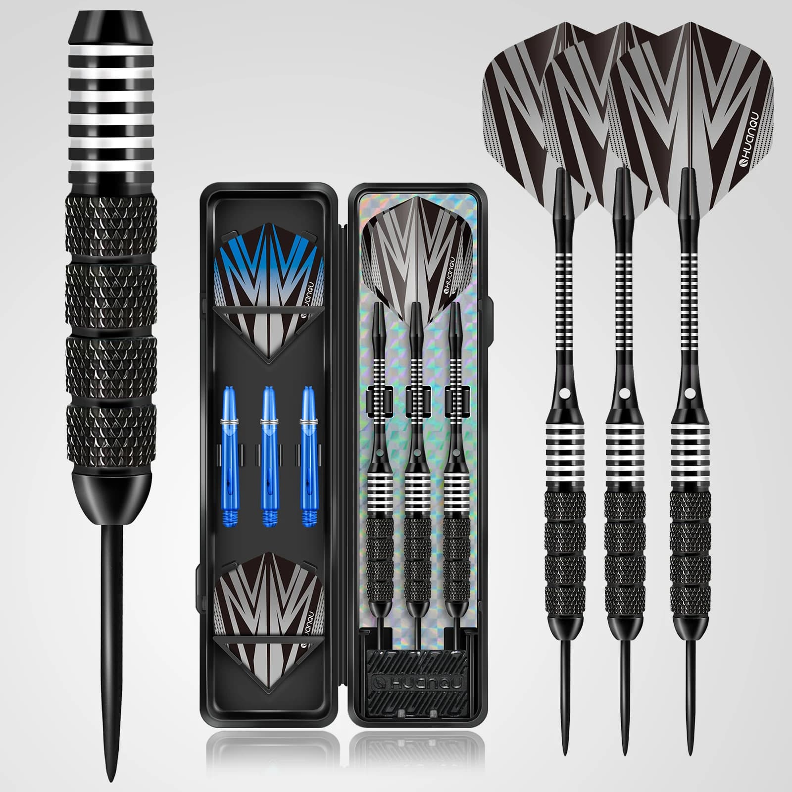 Huanqu 24g Professional Hard Dart Set, 3-Piece Iron Competitive Darts with Precise Throwing and Non-Slip Grip, Includes Dart Storage Box + 3 Pet Dart Wings + 3 2Ba Dart Shafts, Suitable for Dart Board Practice, Competition Training, Home Entertainment, Bar Games, Adult Players