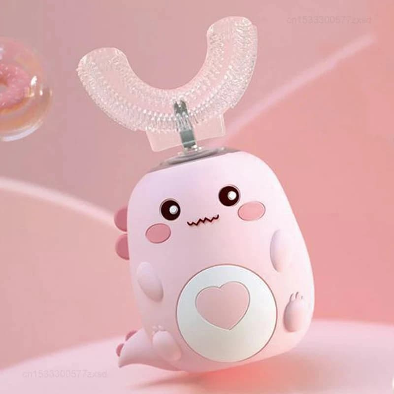 Spazzolino Elettrico a Forma di U per Bambini, Spazzolino Sonico Ricaricabile Automatico a 360 Gradi con Design Cartoon in Silicone