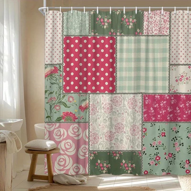 Tenda da doccia patchwork floreale e a quadretti vintage - Rosa pastello, verde, stile trapunta bianca, poliestere, accogliente ed elegante arredamento da bagno