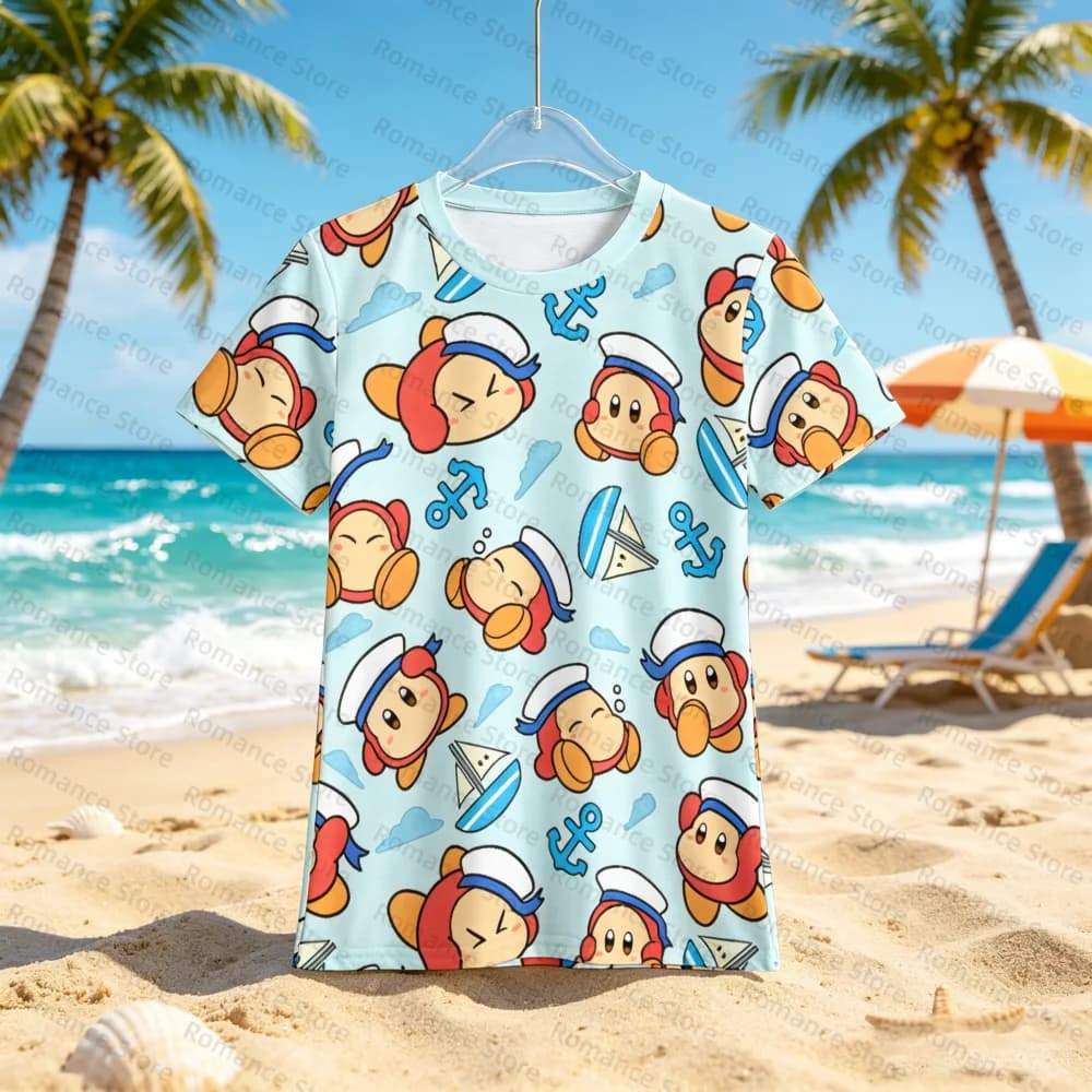 Cute Kirby Sailor Print Short Sleeve T Shirt Summer Seaside Anchor Boat Full Print Tees Soft Cartoon Daily Wear Beach Tops