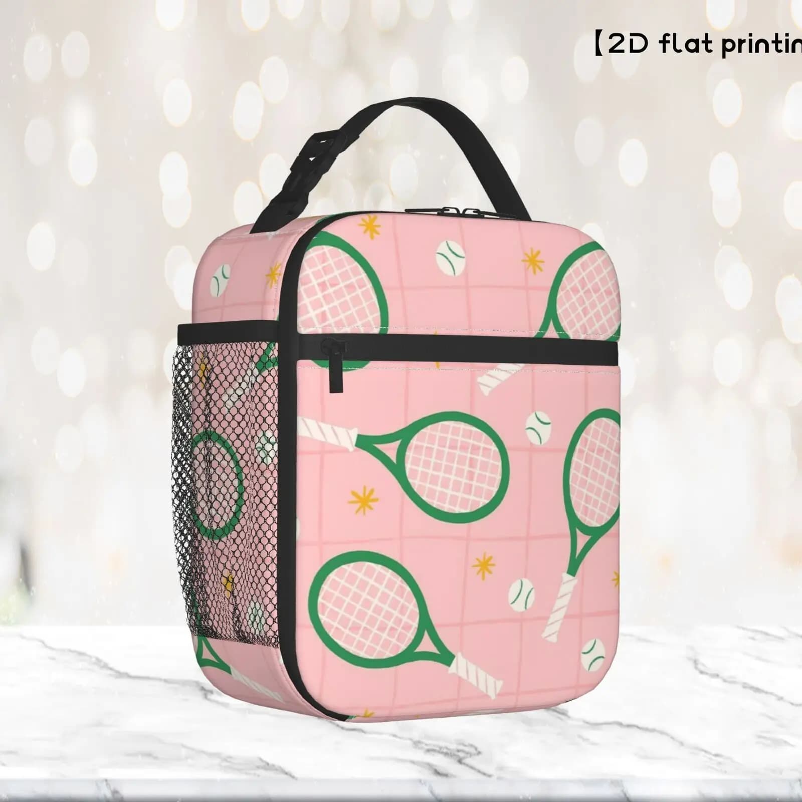 1 borsa per il pranzo con stampa piatta 2D a forma di racchetta da tennis, dal design elegante, borsa Bento riutilizzabile per uomini e donne, per sport all'aria aperta