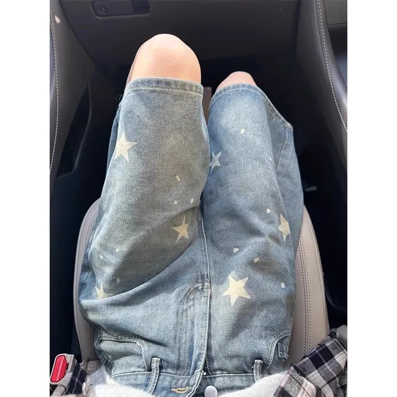 Y2K Star Denim Short Pants Women American Spring Summer Straight Leg Loose Five Quarter Wide Leg