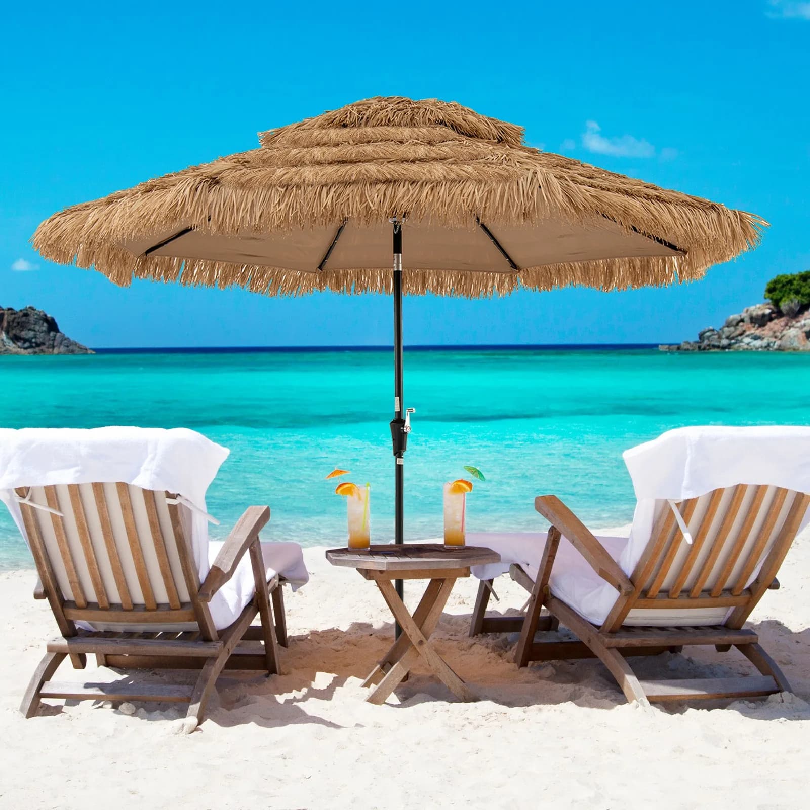 Ombrellone da Spiaggia Hawaiano a 2 Livelli con Illuminazione Solare, 10 Piedi, Stile Tiki