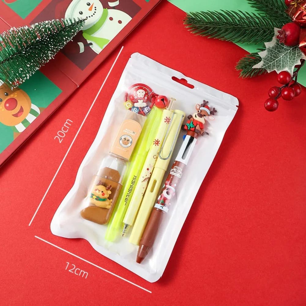 Durevole set di cancelleria 7 in 1 con design di cervi natalizi, penna gel portatile, nastro correttore, premio scolastico