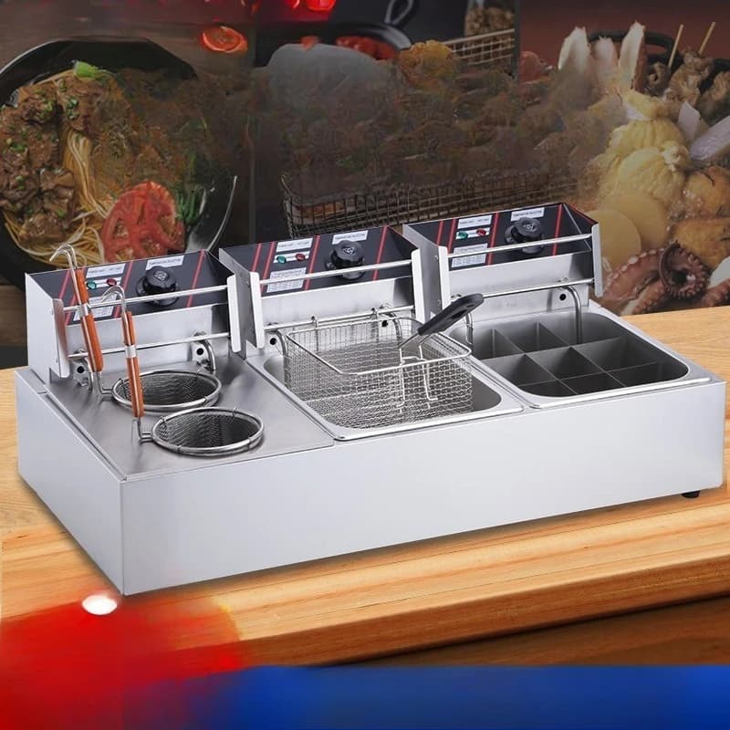 Fryer Oden cooking machine, frying all-in-one machine Commercial three-cylinder Malatang pan frying equipment
