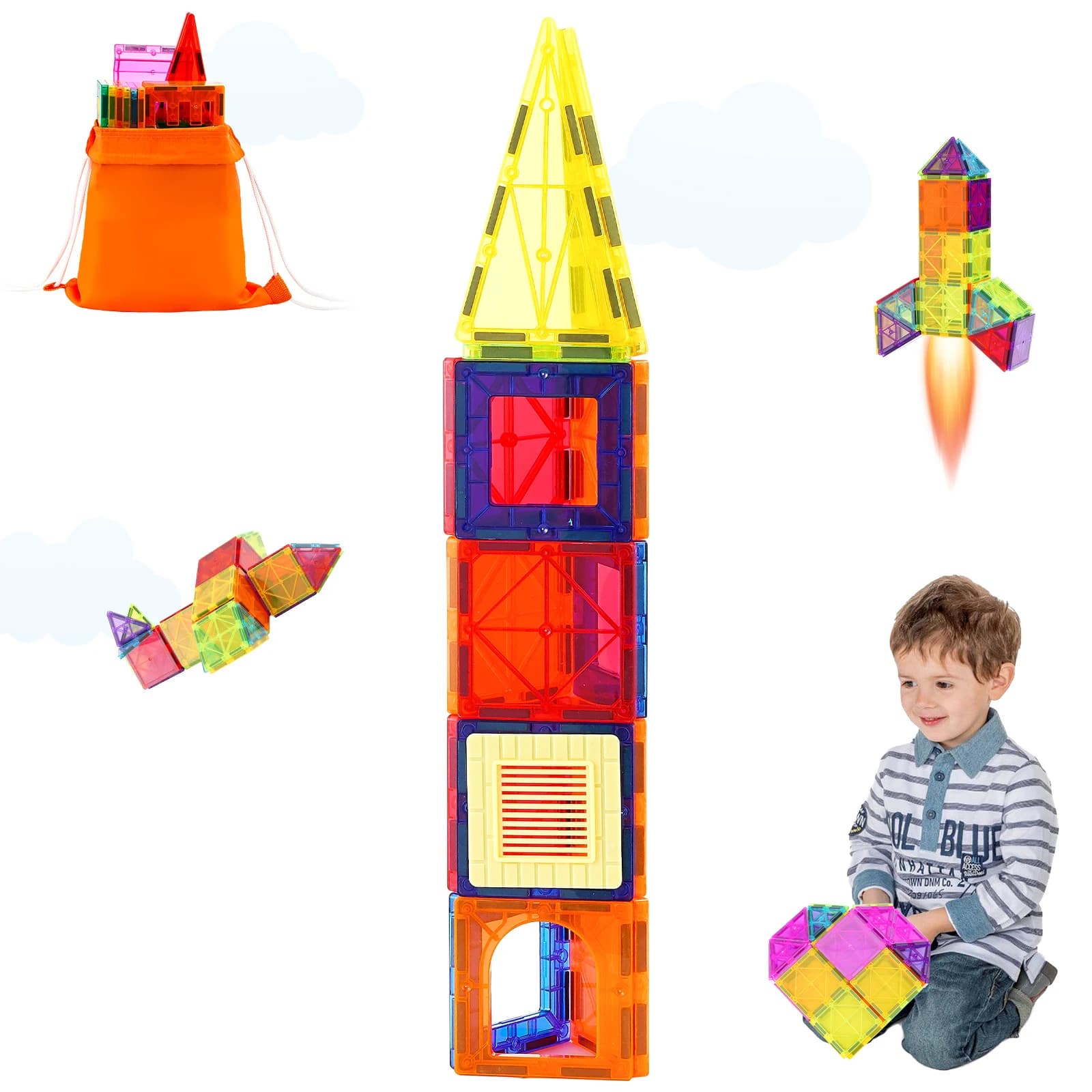 SucceBuy 55 pezzi di blocchi magnetici set di costruzione piastrelle magnetiche bambini giochi educativi Montessori giocattoli per regali per bambini