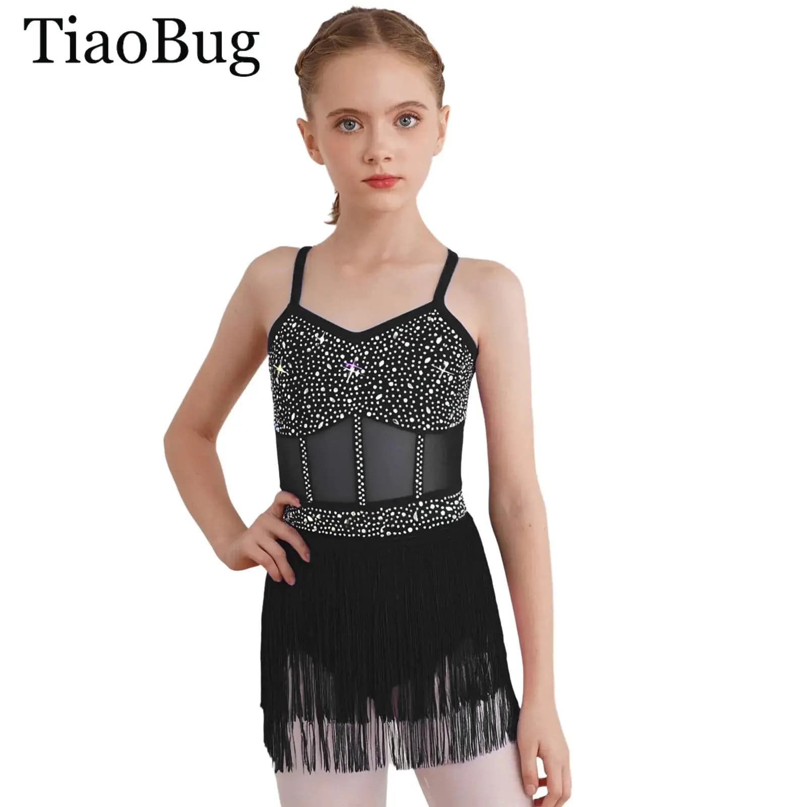 Costume da ballo latino per ragazze con strass, per Tango, Cha-cha, Samba, Salsa, Body con frange a strati in rete trasparente