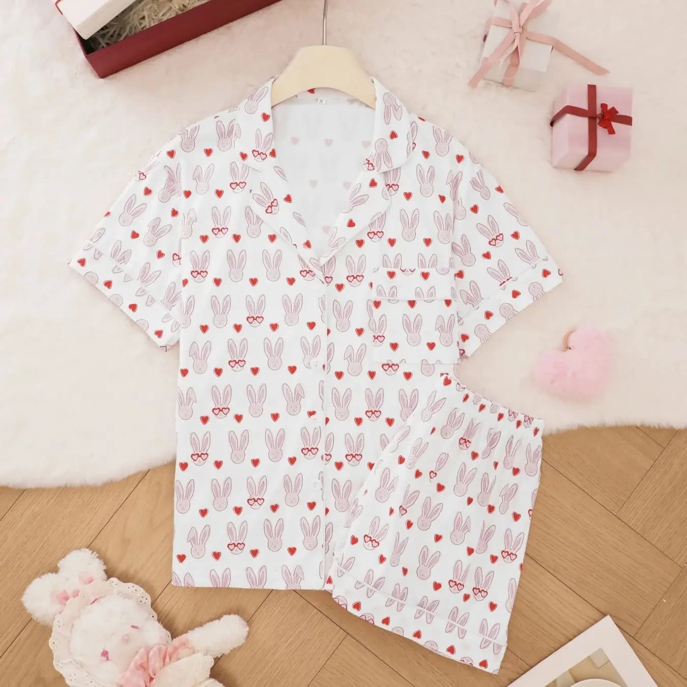 White Rabbit Love pyjamas set for women, short sleeve home dress with folding collar, wide and comfortable casual style
