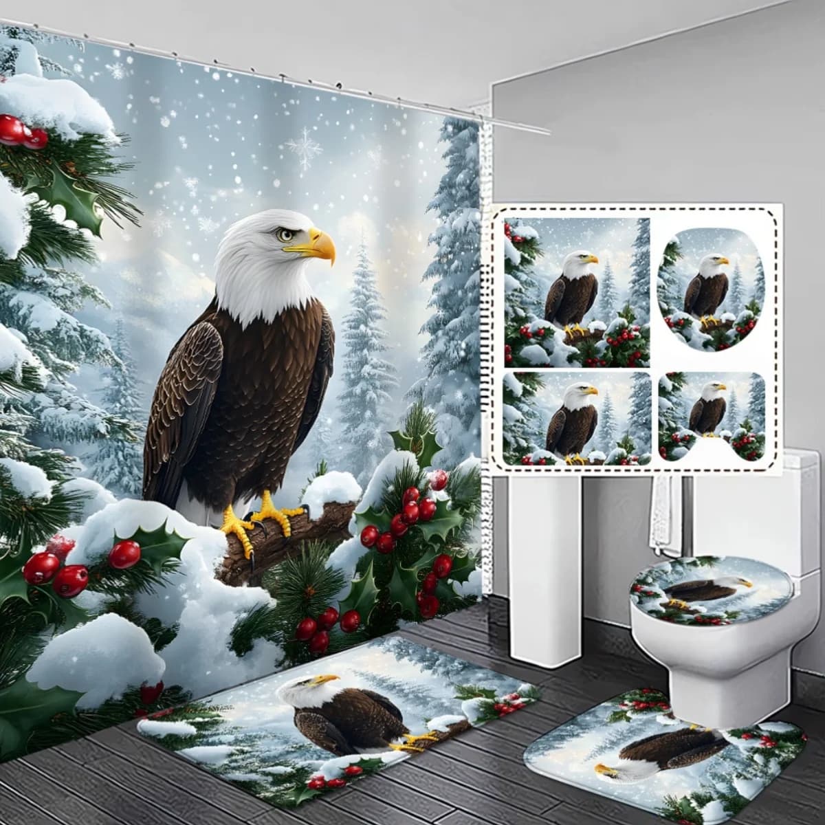 Set di decorazioni per il bagno di Natale da 4 pezzi con tenda da doccia con scena di neve dell'aquila calva, antiscivolo, copriwater - Festivo