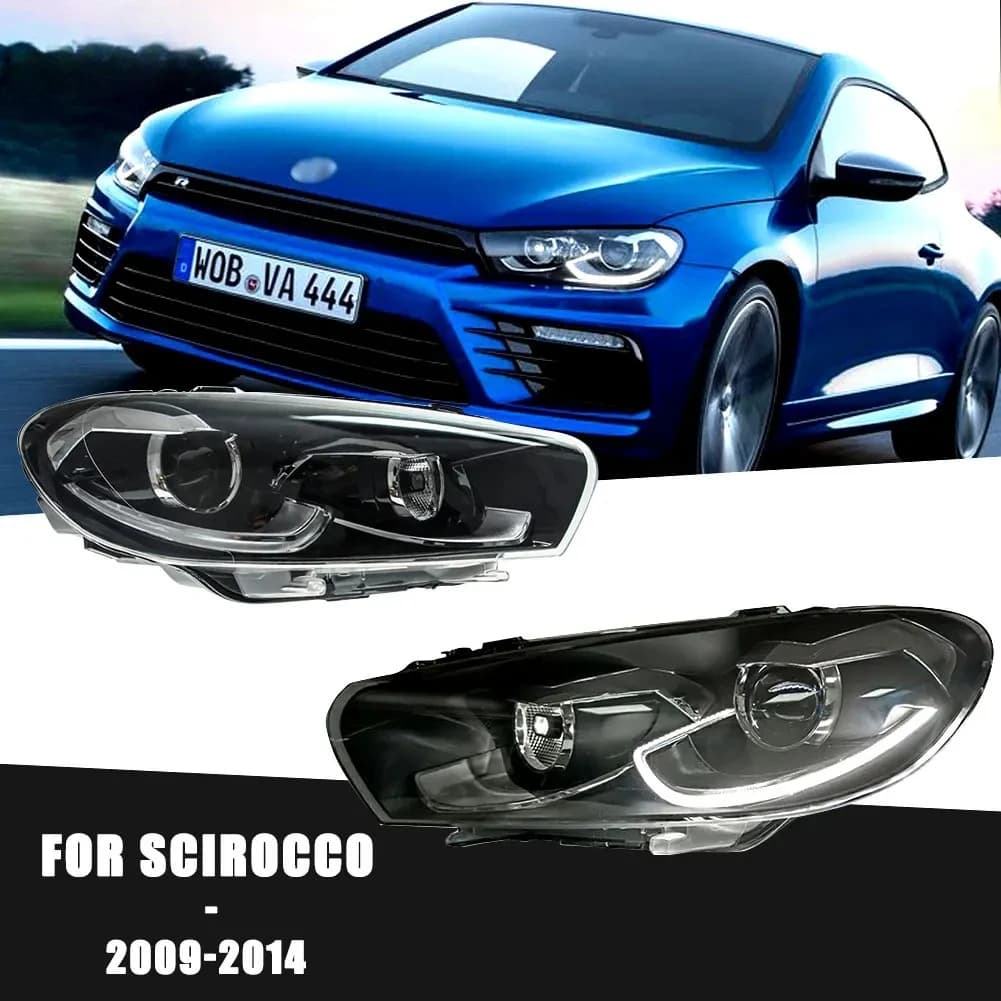 Fari a LED per Volkswagen Scirocco 2009-2014, Gruppi Ottici Anteriori Modificati con Indicatori di Direzione e Luci di Emergenza, Accessorio per Fari Anteriori