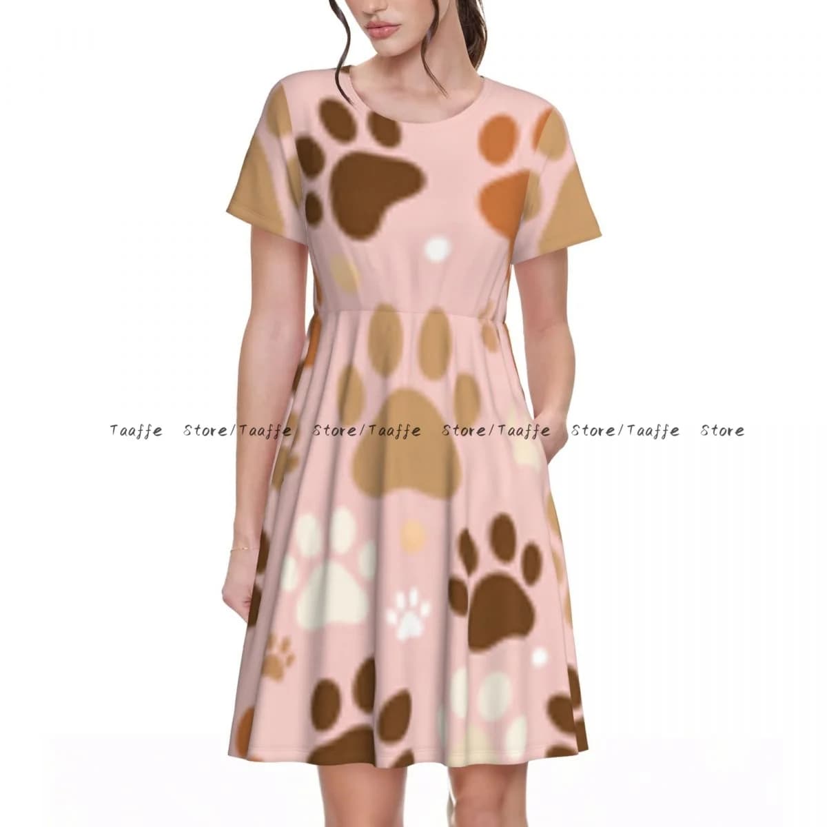 Abito estivo da donna con impronte colorate di cani e gatti, abito midi casual da spiaggia per le vacanze, a maniche corte, con colletto rotondo