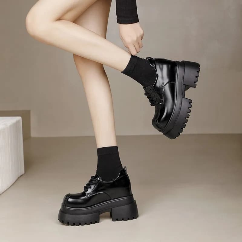 Women's Loafers 2026 Spring New Commuter Chunky Heel Flats Thick Sole Height-Increasing Small Leather Shoes