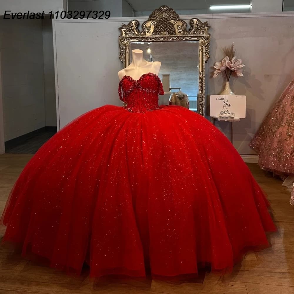 EVLAST Customized Red Quinceanera Dress Ball Gown Lace Applique Beading Mexian Bow Corset Sweet 16 Vestido De 15 Anos TQD984
