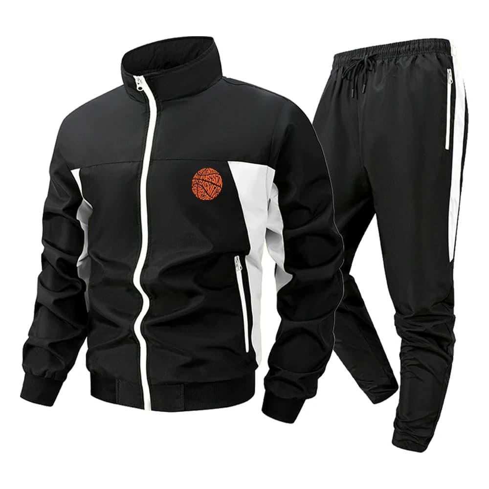 Tuta Sportiva da Uomo Bicolore con Stampa Grafica Basket, Set Streetwear 2 Pezzi con Giacca Antivento e Pantaloni Jogger