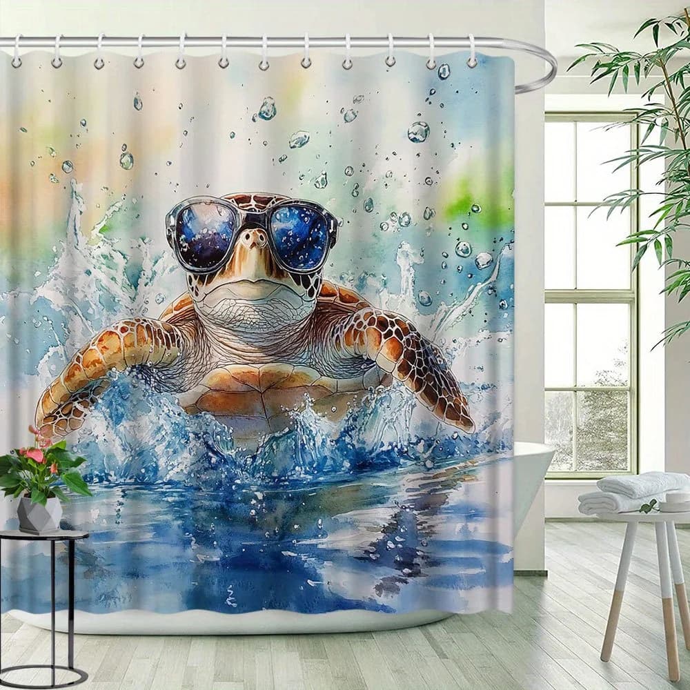 Tenda da doccia con motivo creativo tartaruga - Stile oceano, design ad acquerello luminoso, arredamento da bagno vivace, tessuto in poliestere, 12 ganci