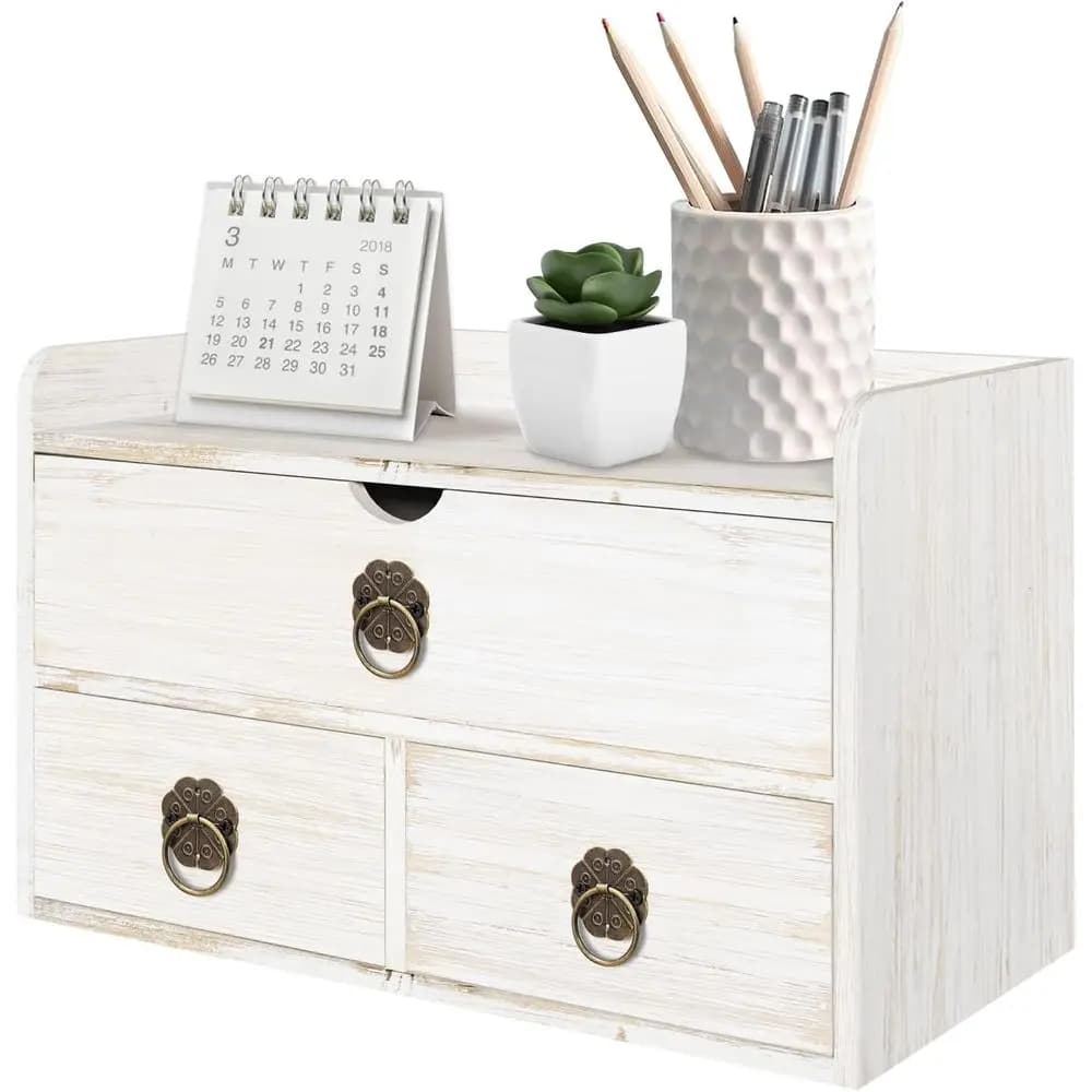 Organizer da scrivania in legno bianco, 13,5x6,6x8,2 pollici, 3 cassetti e ripiani, contenitore portaoggetti per ufficio domestico