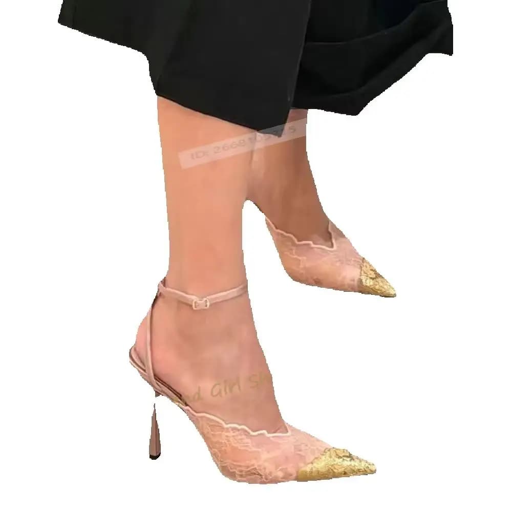 Sandali sexy in pizzo con punta a punta, tacco medio sottile, cinturini con fibbia, scarpe estive da donna, sandali alla caviglia di design alla moda