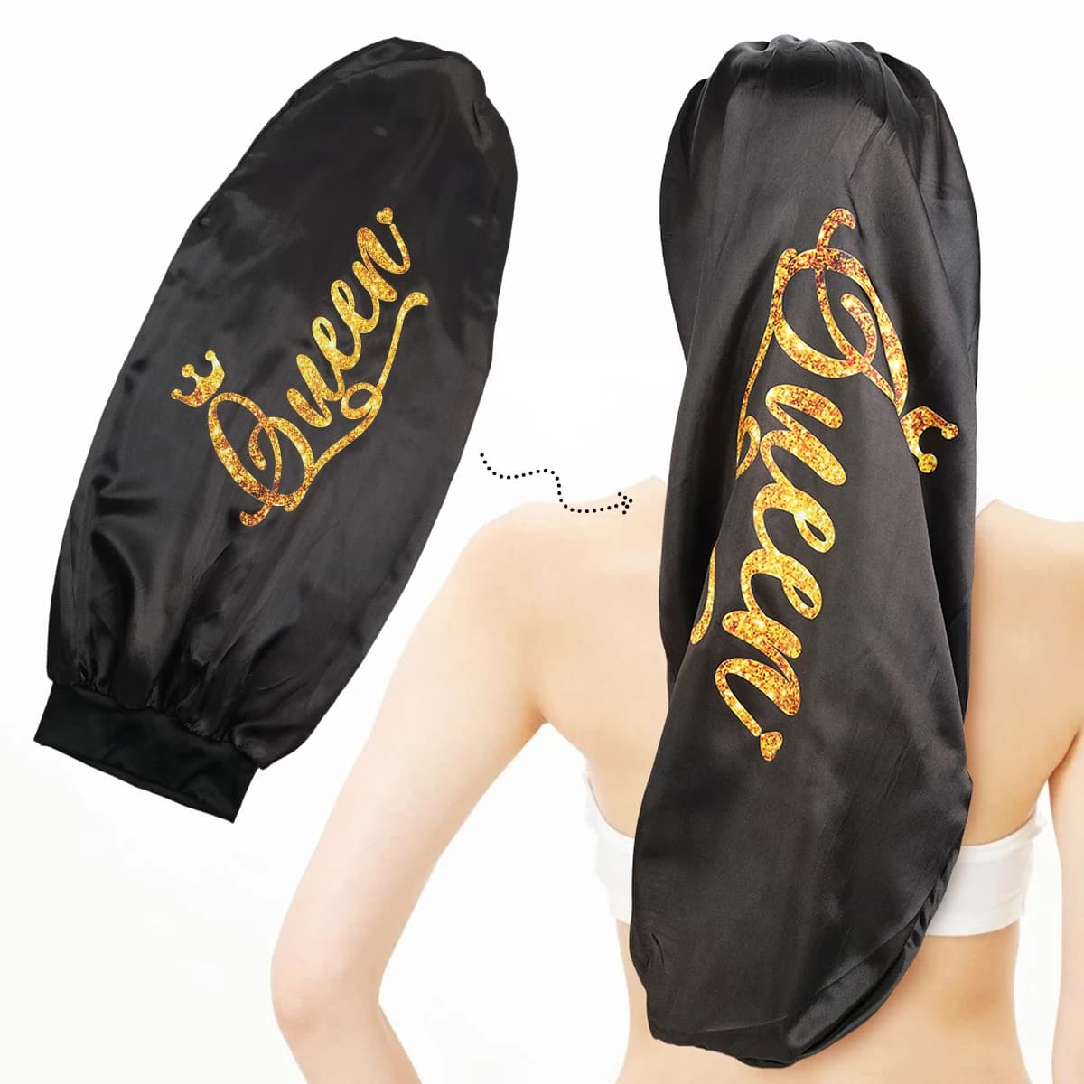 Cofano in raso Queen Design - Cuffia lunga nera per capelli ricci, cuffia protettiva leggera in morbido poliestere per la notte e D