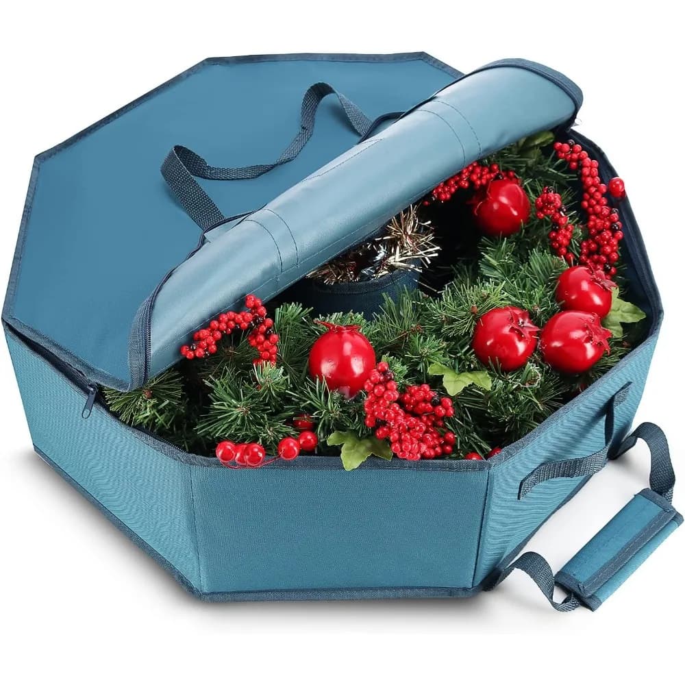 Hard Shell Christmas Wreath Storage Bag with Interior Pockets Dual Zipper and Handles Premium Wreath Storage Organizer Box for Holiday Decoration
