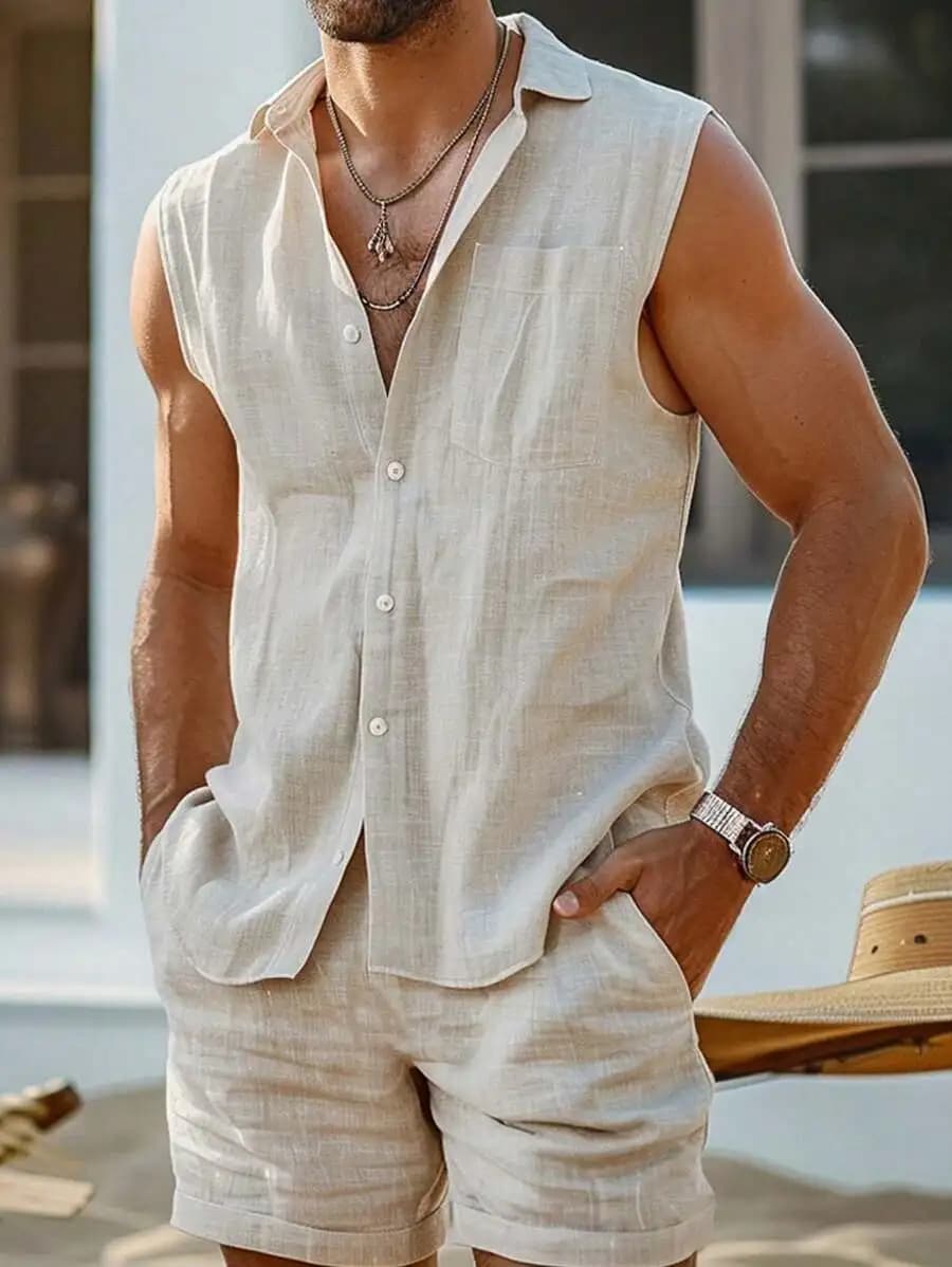 Completo estivo da spiaggia da uomo con camicia senza maniche in misto lino e pantaloncini corti