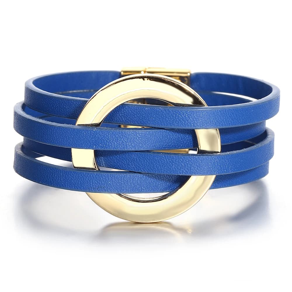Amorcome Metal Circle Ring Round String Bracelet Multilayer Leather Rope Wrap Bracelets Fashion Women Magnet Clasp Hand Jewelry