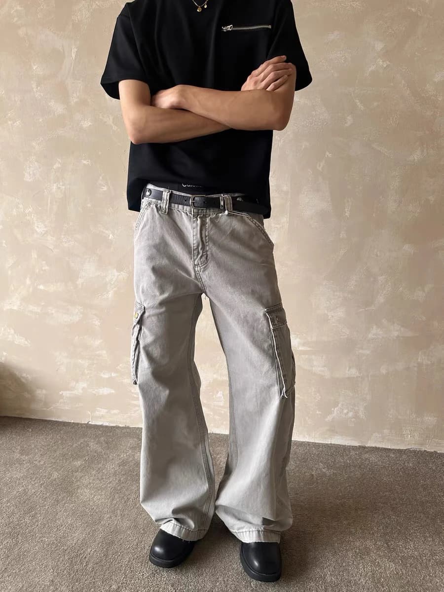 Retro American Washed Faded Green Paratrooper Workwear Pants Men's Wide Leg Pocket Big Baggy Jeans Casual Loose Fit