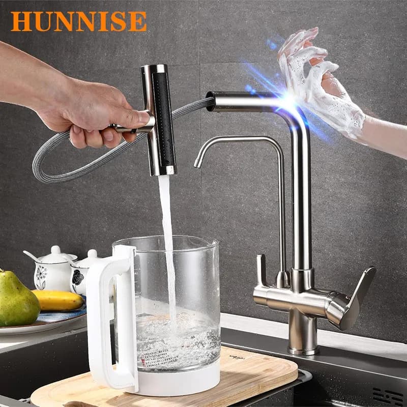 Kitchen Faucets with Waterfall Touch On Filter Kitchen Faucet Mixer Faucet for Kitchen Faucet Cold Drawing Brass Kitchen Faucets with 3 Way Touch Filter