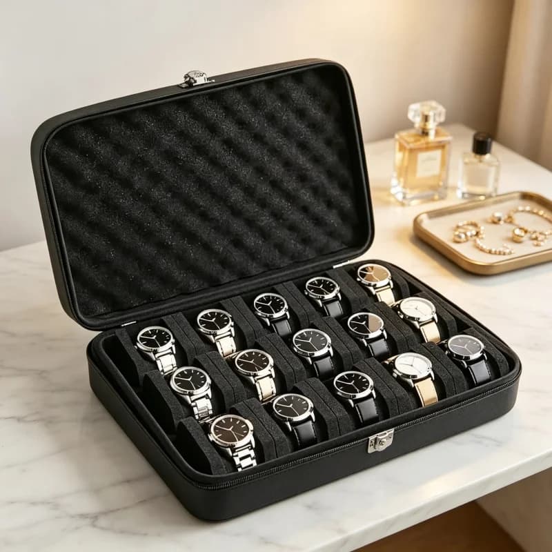 Premium 15 Slots Watch Storage Box – Portable Jewelry Display Cabinet, PU Leather Watch & Card Organizer for Home