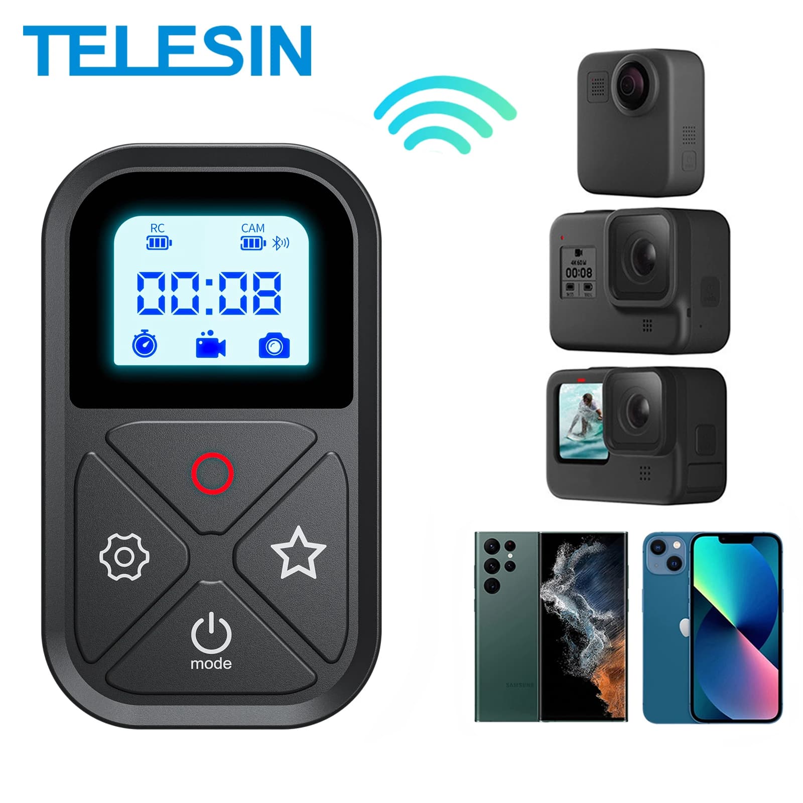 TELESIN Bluetooth remote control for GoPro Hero 13 12 11 10 9 with 80M wrist strap Wireless intelligent remote control for GoPro accessories