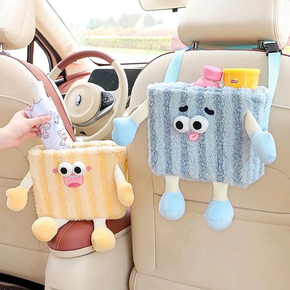 Pattumiera per auto in peluche Cartone animato morbido Borsa portaoggetti per schienale del sedile automatico Scatola per fazzoletti montata su auto appesa con secchio Accessori interni per auto