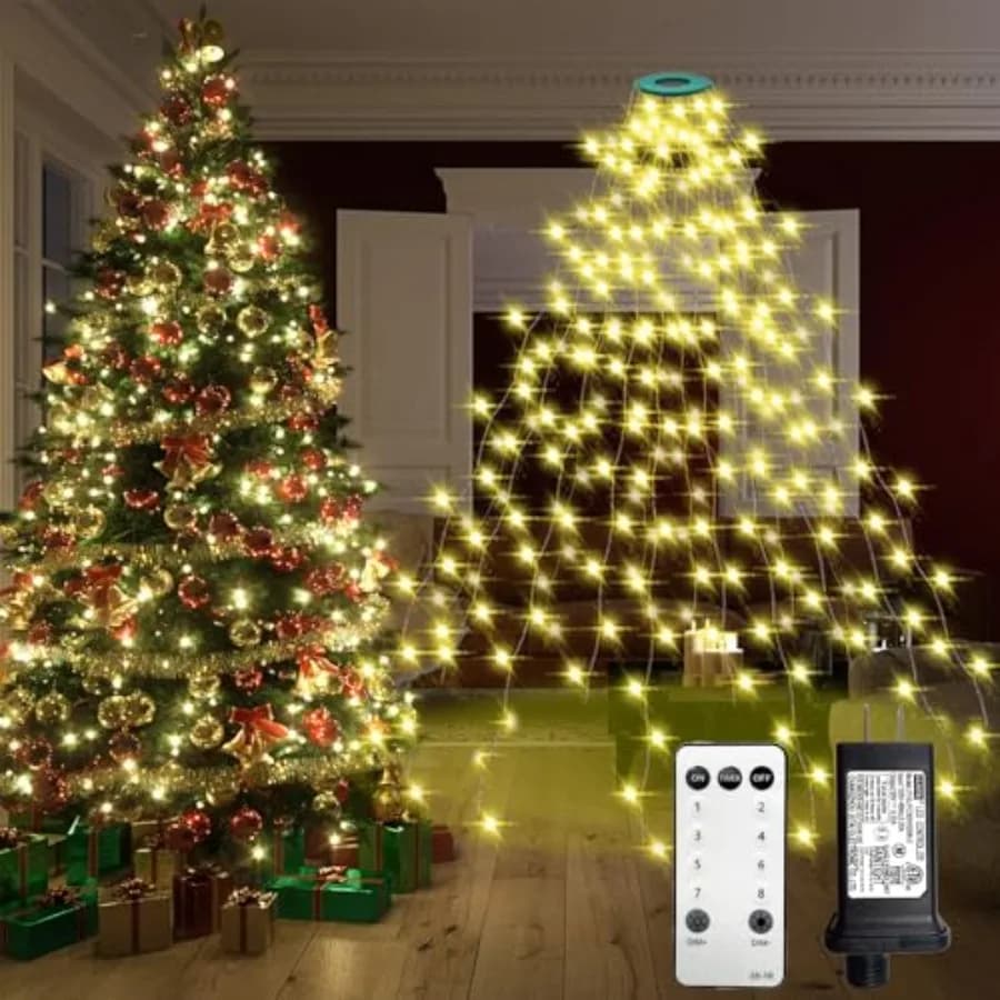 Luci per Albero di Natale con Anello, 3m, 16 Fili, 544 LED, Filo Verde, Luci a Cascata a Filo, con Spina, Dimmerabili